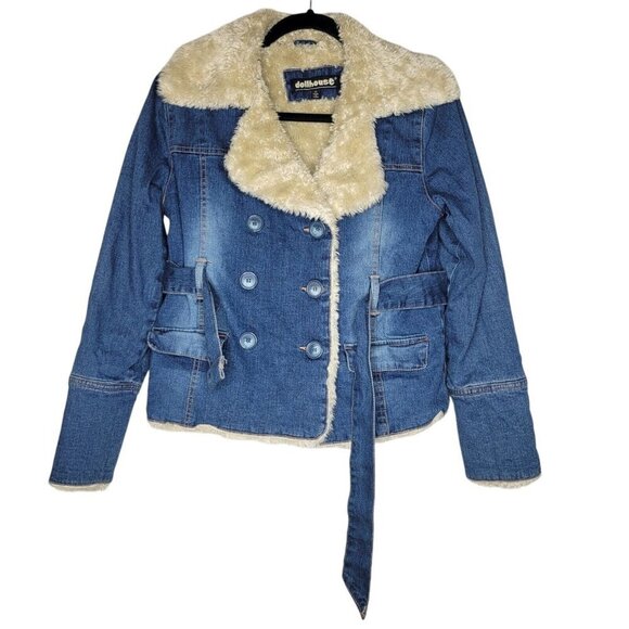Dollhouse Penny Lane Jean Jacket Womens M Blue Denim Sherpa Lined Stretch Retro - Picture 3 of 12